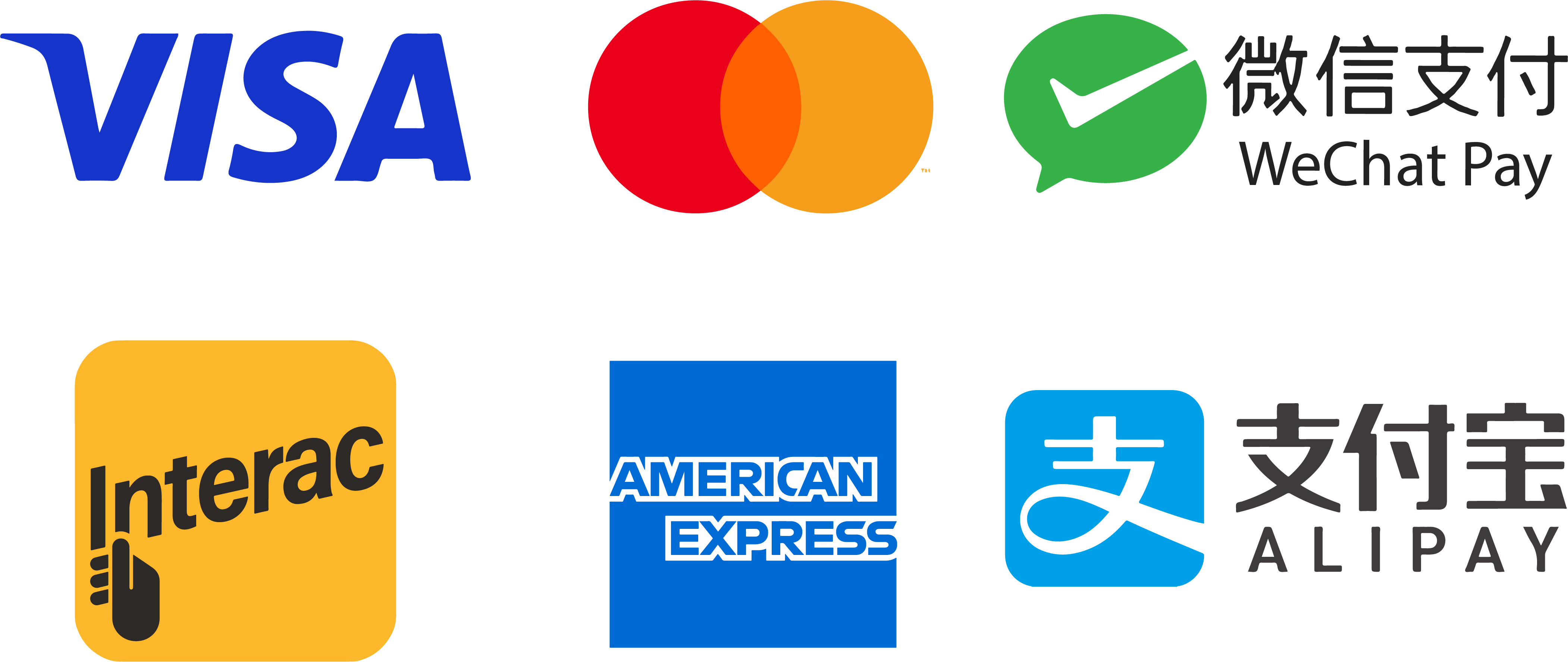 accept visa, mastercard, wechat pay, interac, american express, alipay