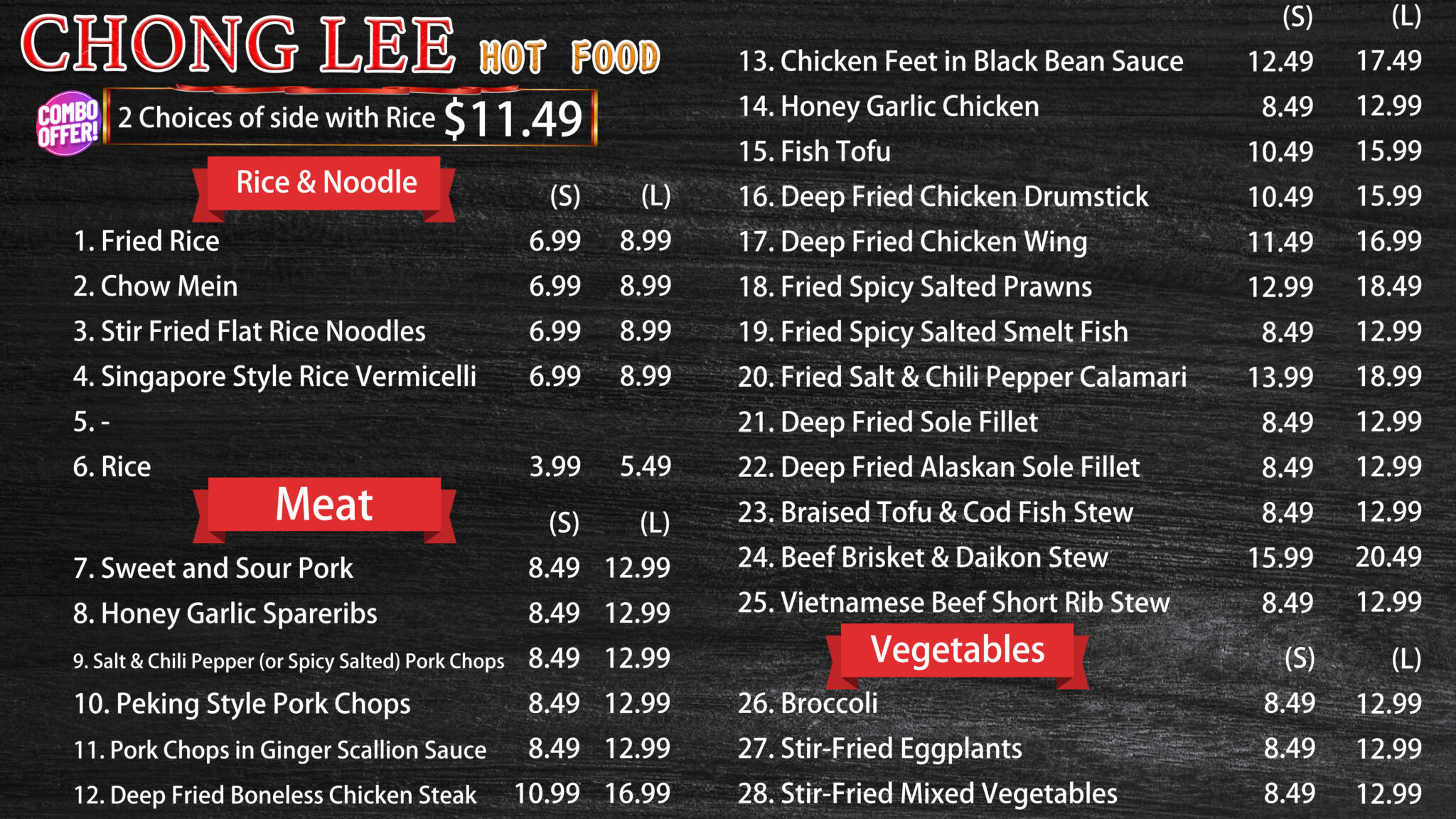Chong Lee Market Hot Food Menu
